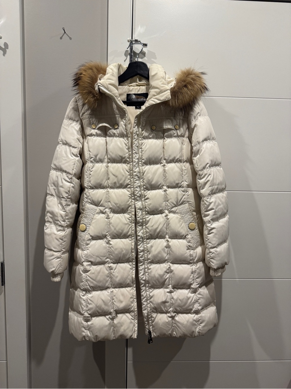 Cream Quilted Parka with Fur Trim Hood